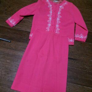 Vtg Mod Marshall fields 100 % wool pink beaded skirt suit Mod 60s